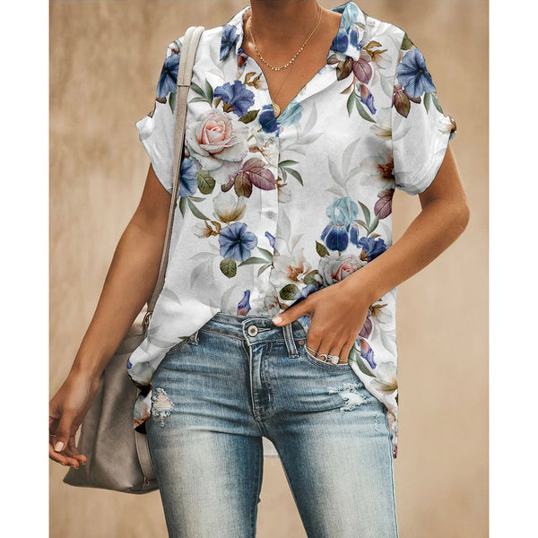 Rose Blue Flowers Women Button Up Shirt