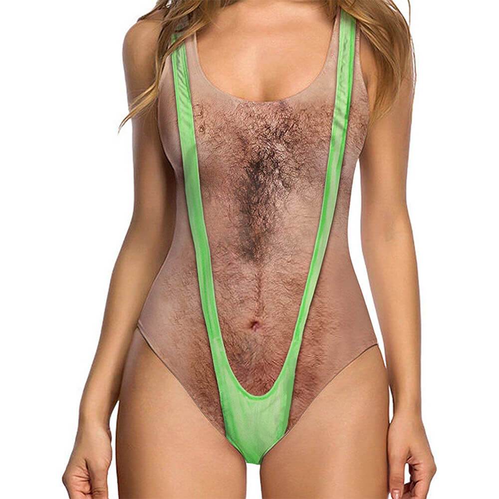 Hairy Chest Ugly One Piece Bathing Suit With Green Strap  D&F Clothing