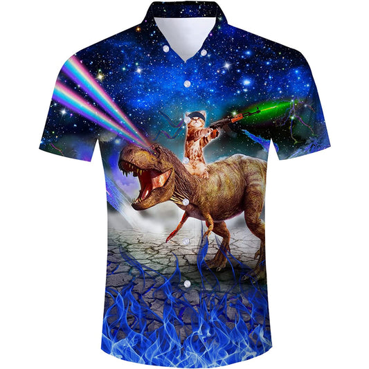 Galaxy Gun Cat Dinosaur Blauw Grappig Hawaiiaans Shirt