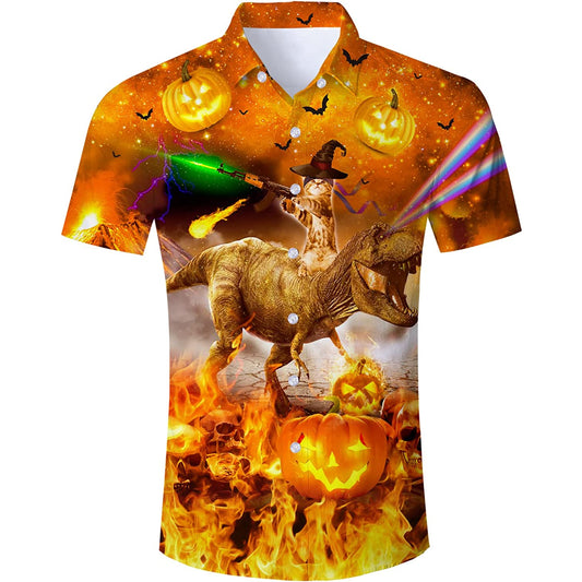 Halloween kat rijdende dinosaurus grappig Hawaiiaans shirt