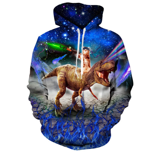 Blauwe Galaxy Gun Cat Riding Dinosaur Grappige Hoodie