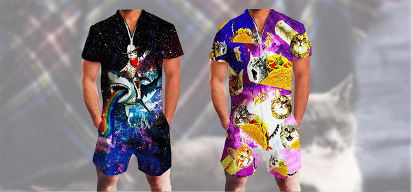 2024 Funny Cat Printed Men Rompers