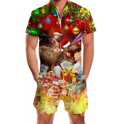 Cat Riding Dinosaur Christmas Red Funny Male Romper