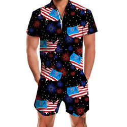 Blue American Flag Fireworks Funny Men Romper