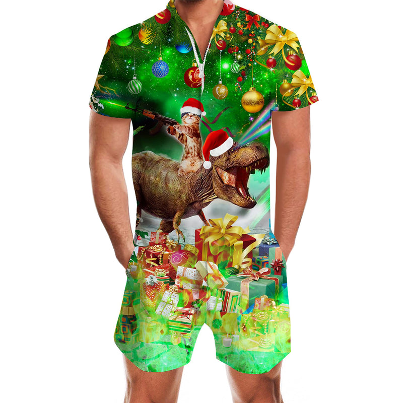 Cat Riding Dinosaur Christmas Green Funny Male Romper