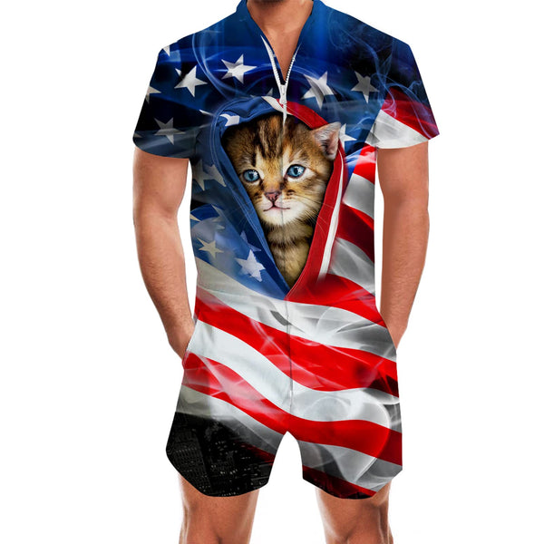 American Flag Cat Funny Men Romper