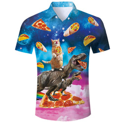 Pizza Cat Riding Dinosaur Funny Hawaiian Shirt