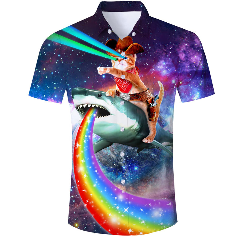 D F Clothing Cowboy Cat Riding Rainbow Shark Funny Hawaiian Shirt 6XL Cat Riding Shark