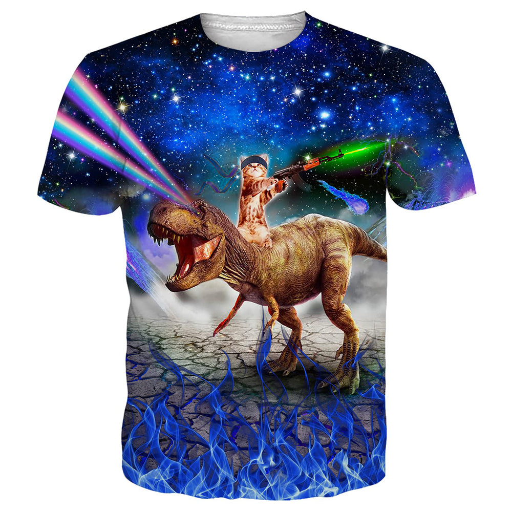 Gun Cat Riding Dinosaur Funny T Shirt
