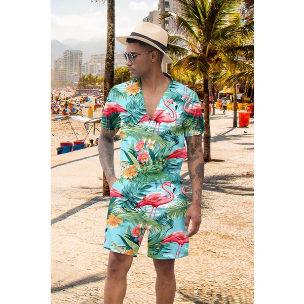 Pink Flamingo Leaf Funny Men Romper