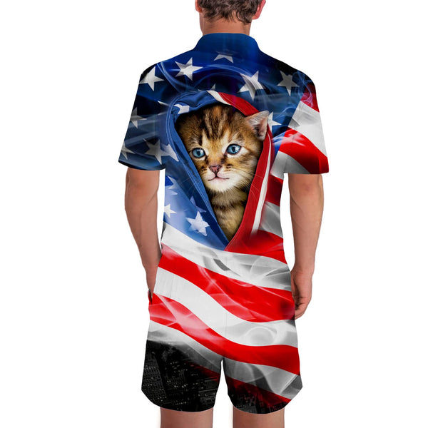 American Flag Cat Funny Men Romper