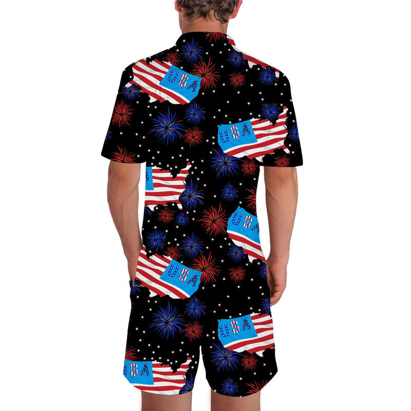 Blue American Flag Fireworks Funny Men Romper