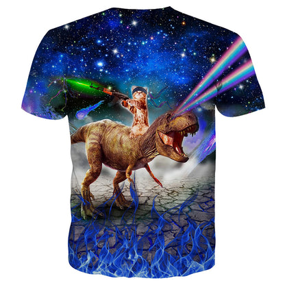 Gun Cat Riding Dinosaur Funny T Shirt