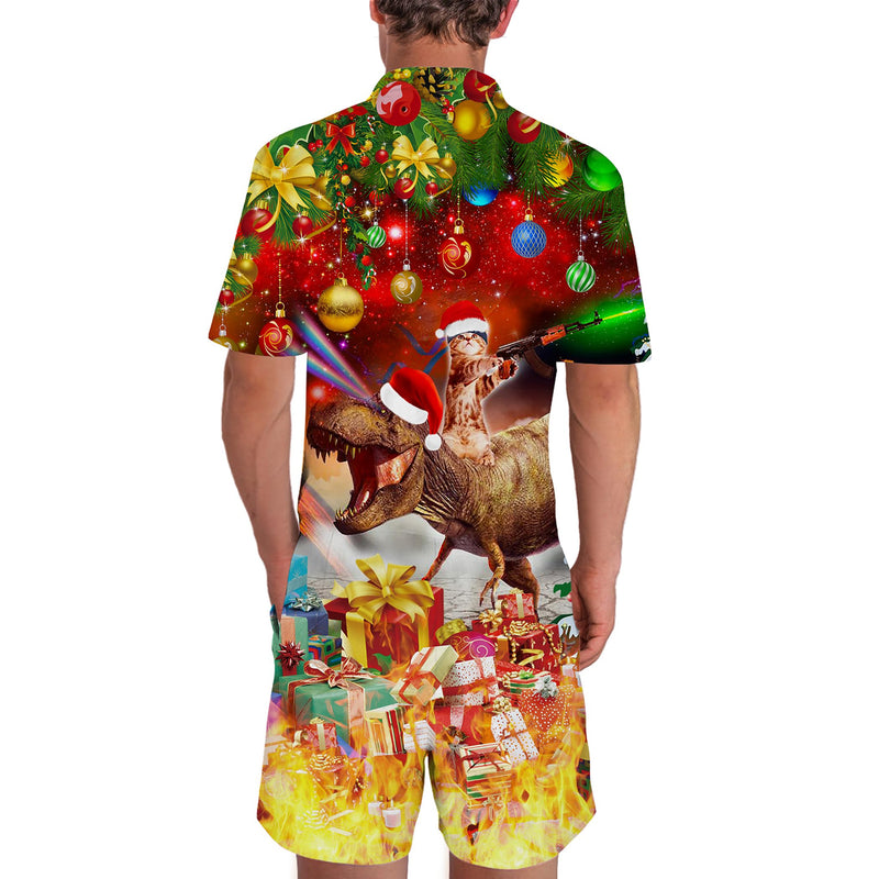 Cat Riding Dinosaur Christmas Red Funny Male Romper