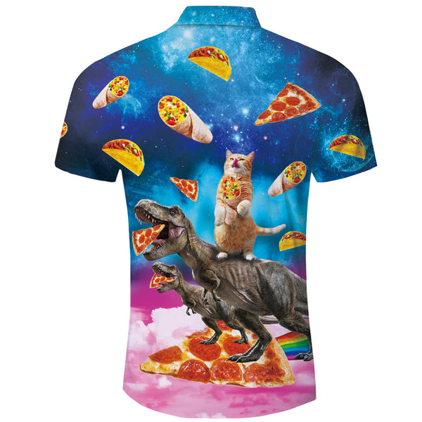 Pizza Cat Riding Dinosaur Funny Hawaiian Shirt