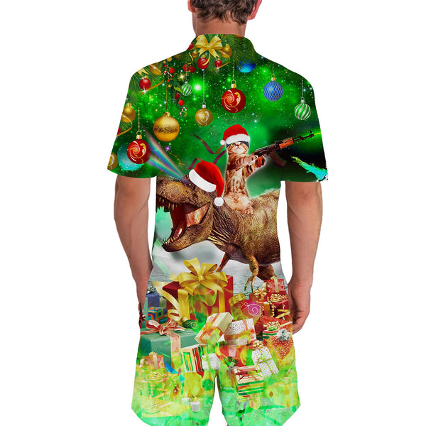 Cat Riding Dinosaur Christmas Green Funny Male Romper