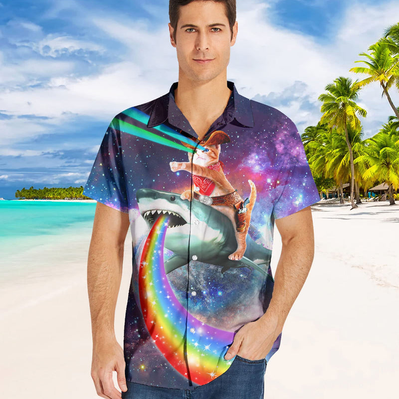 Cowboy Cat Riding Rainbow Shark Funny Hawaiian Shirt