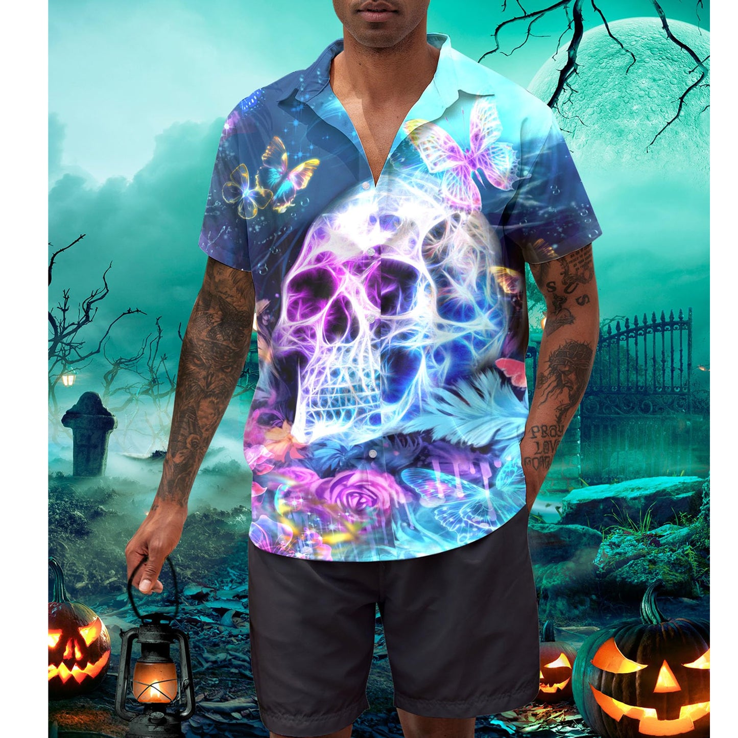 Vlinderschedel Blauw Grappig Hawaiiaans Shirt