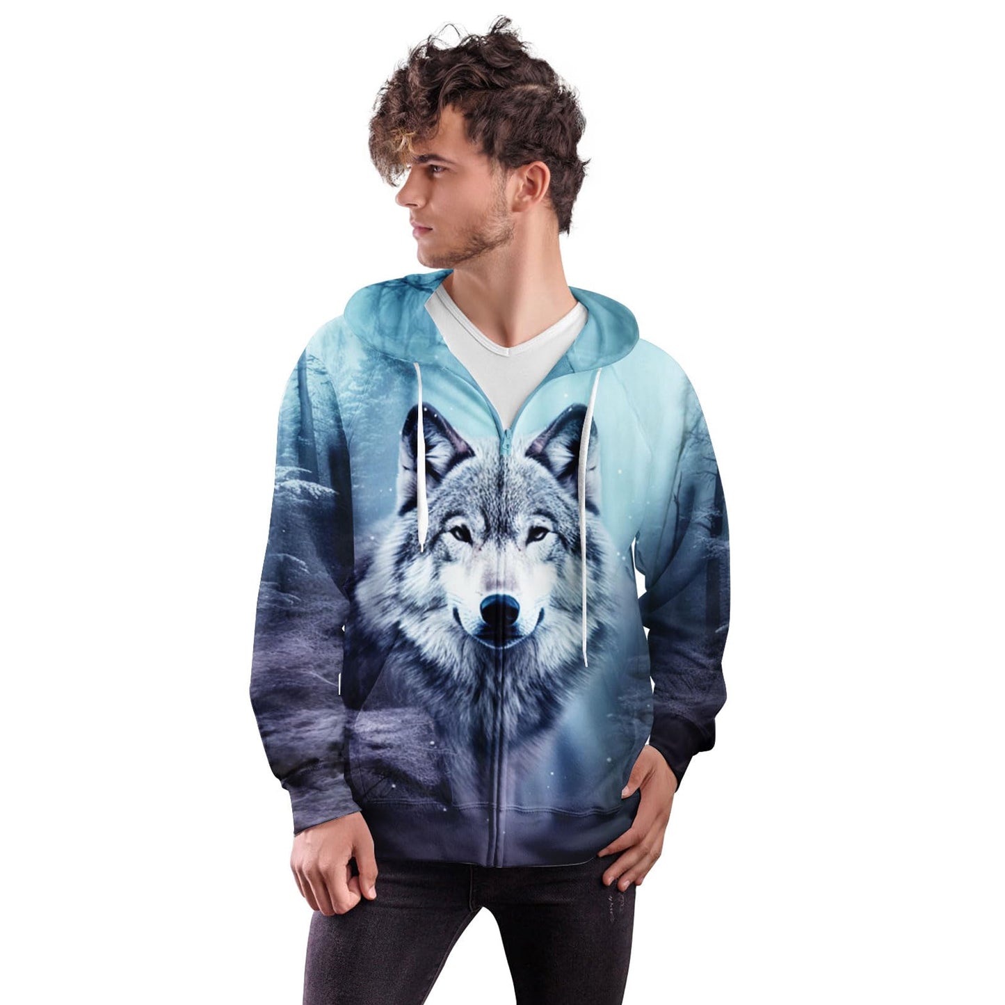 Lustiger Kapuzenpullover mit Reißverschluss im Waldwolf-Design