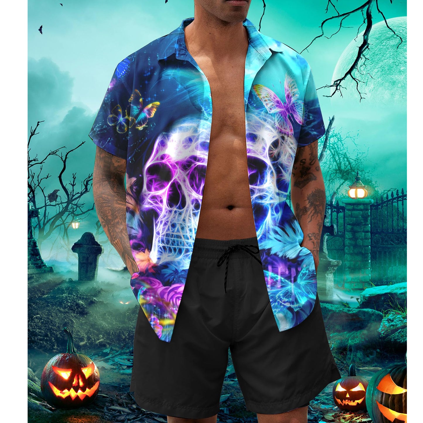 Vlinderschedel Blauw Grappig Hawaiiaans Shirt