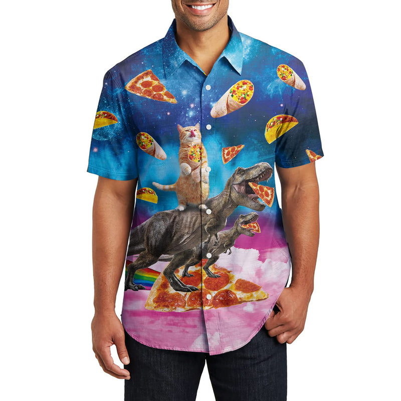 Pizza Cat Riding Dinosaur Funny Hawaiian Shirt