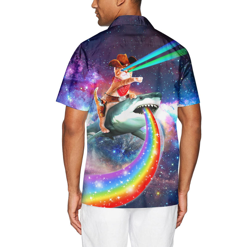 Cowboy Cat Riding Rainbow Shark Funny Hawaiian Shirt