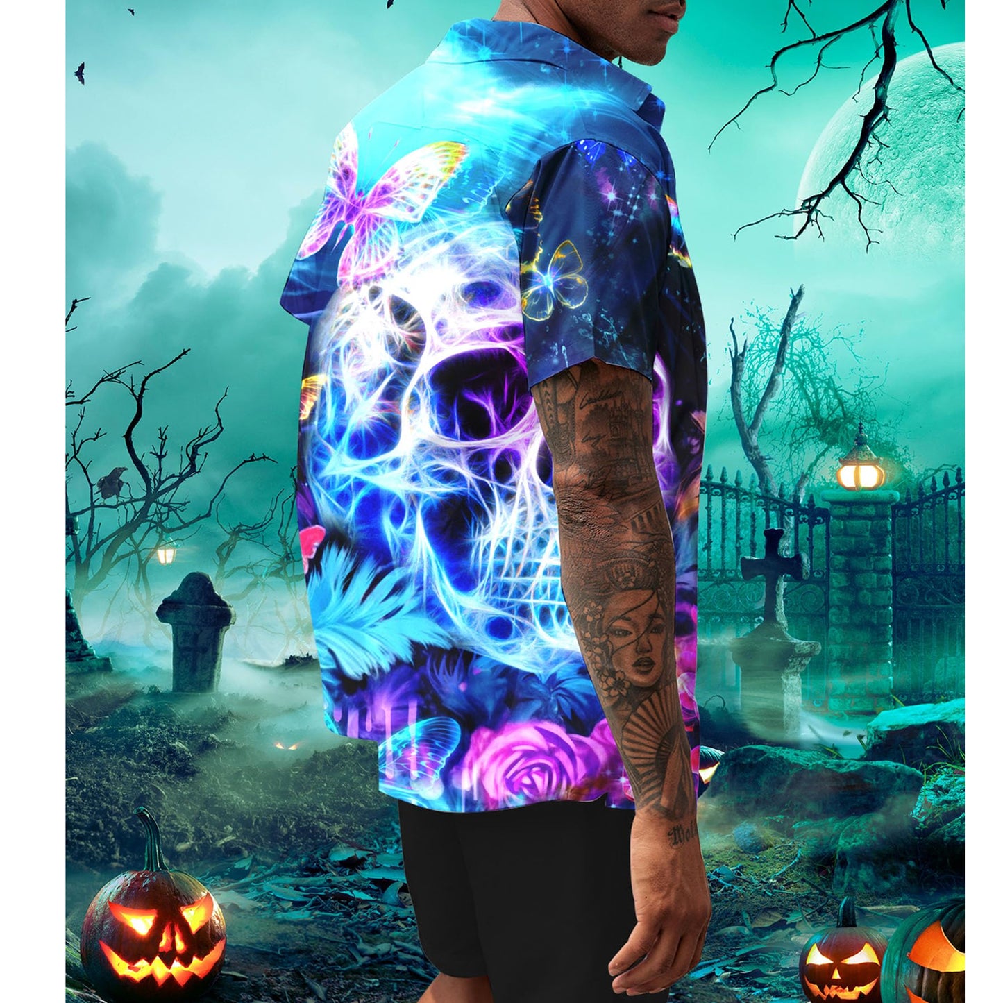 Vlinderschedel Blauw Grappig Hawaiiaans Shirt