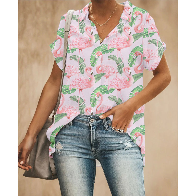 Palm Leaf Pink Flamingo Women Button Up Shirt