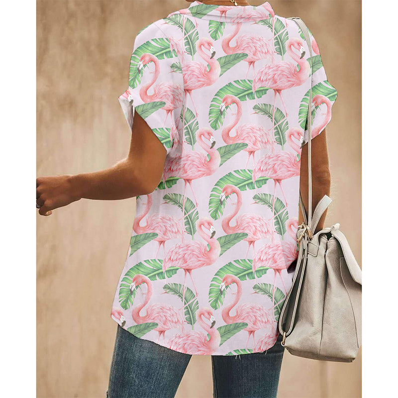 Palm Leaf Pink Flamingo Women Button Up Shirt