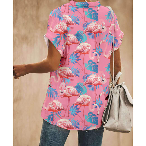 Palm Leaf Flamingo Pink Women Button Up Shirt