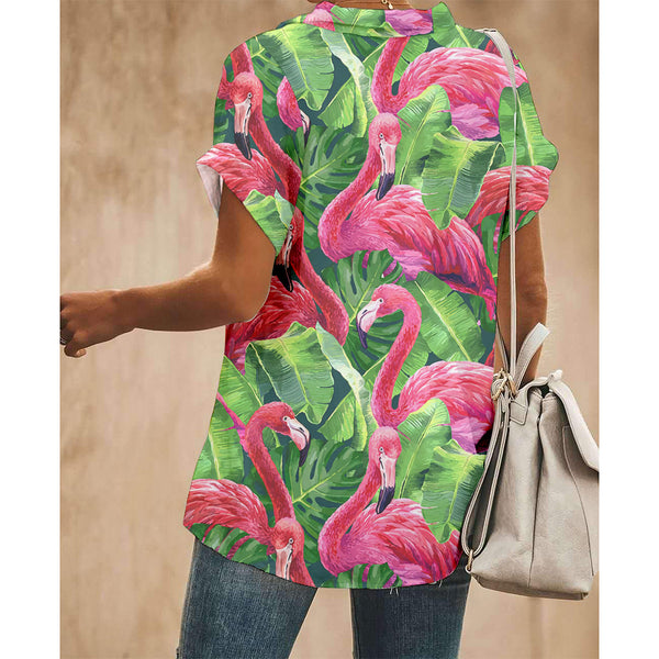 Palm Leaf Flamingo Women Button Up Shirt