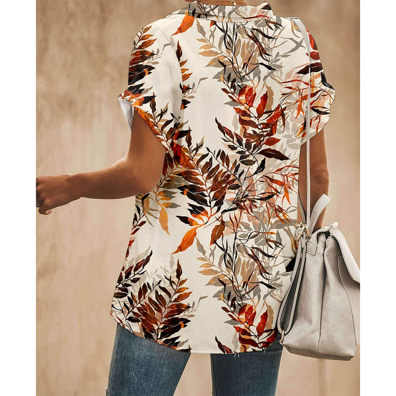 Tropical Leaf Brown Women Button Up Shirt