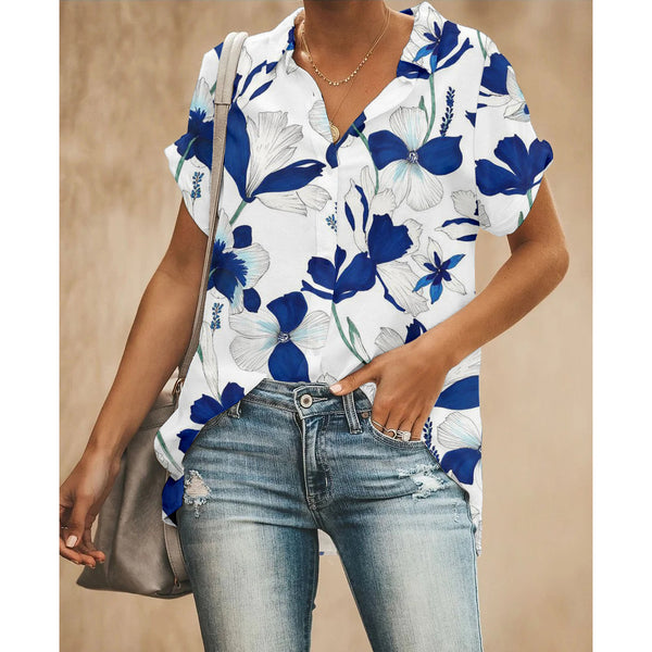 Blue Flowers Women Button Up Shirt