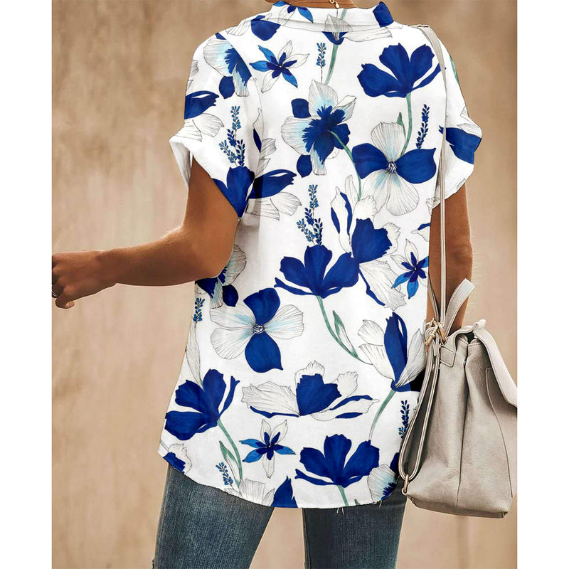 Blue Flowers Women Button Up Shirt