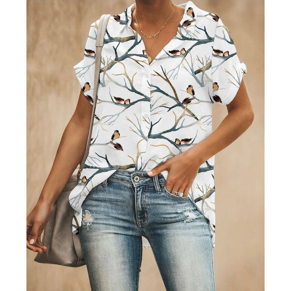 Bird Standing on Branch Women Button Up Shirt