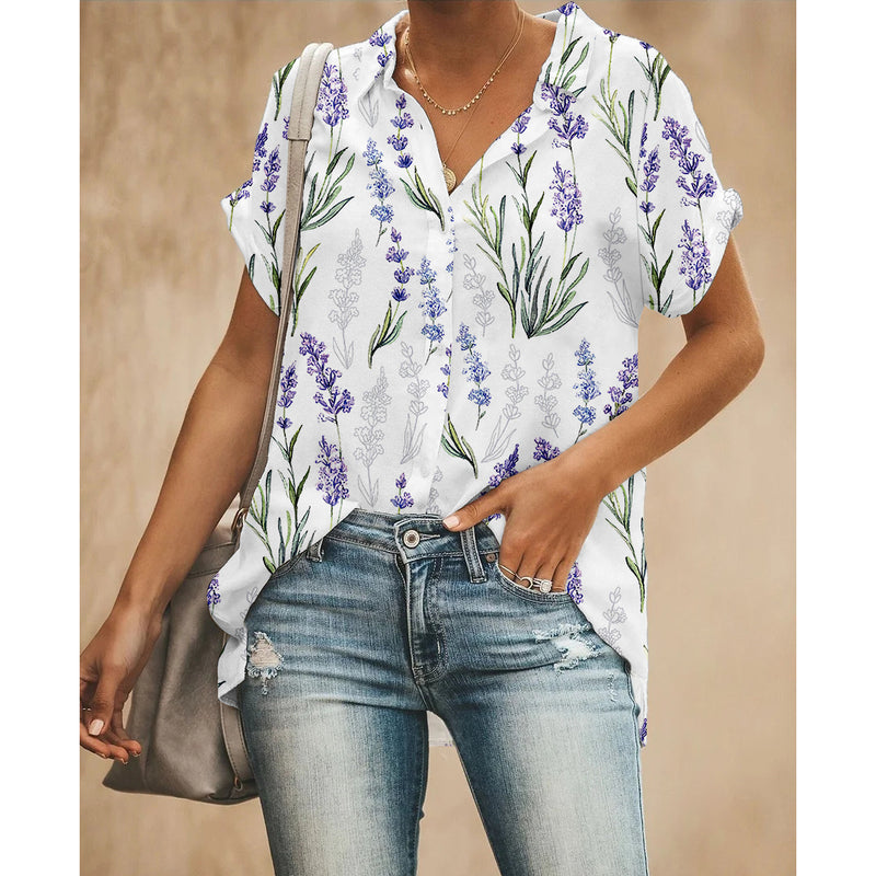 Lavender Flower Women Button Up Shirt