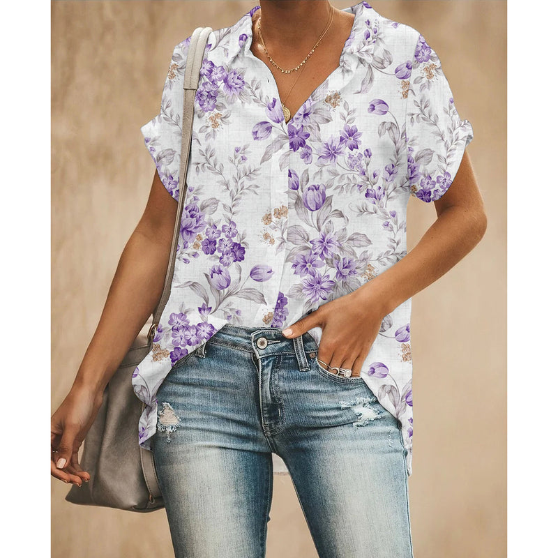 Purple Flowers Women Button Up Shirt