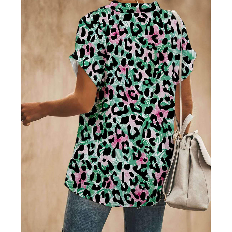 Green Leopard Women Button Up Shirt