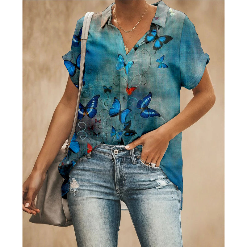 Butterfly Blue Women Button Up Shirt