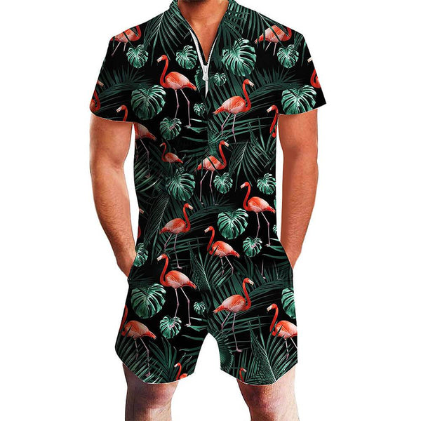 Dark Green Flamingo Male Romper