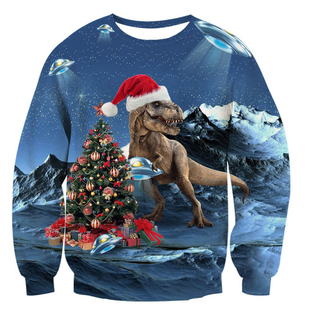 Blauer hässlicher Weihnachtspullover mit Dinosaurier