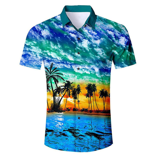 Blue Palm Tree Sunset Ugly Aloha Shirt