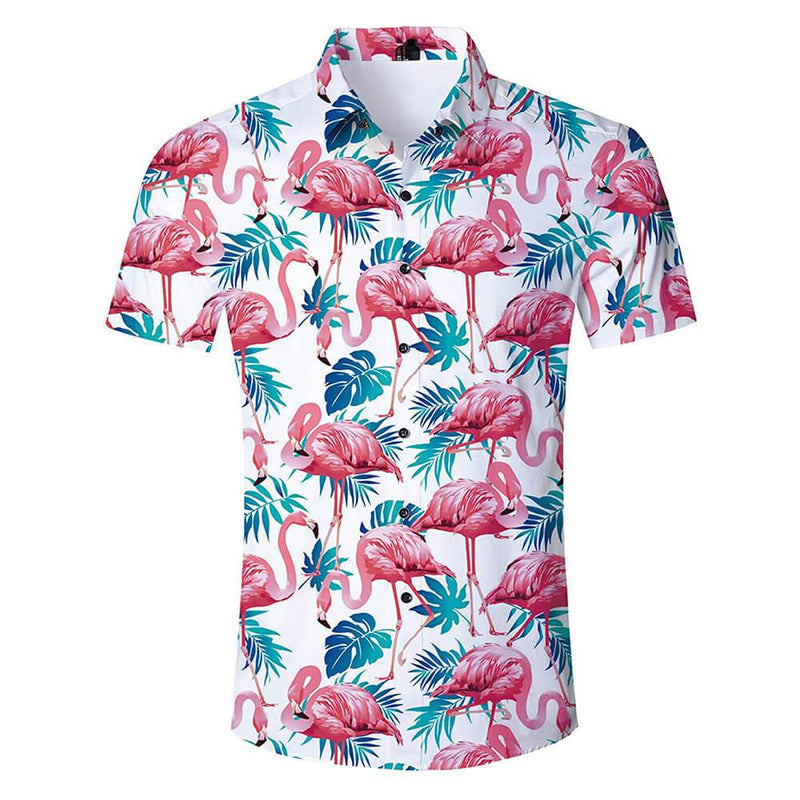 D&F Pink Flamingo Ugly Hawaiian Shirt with Palm Leaf, 4XL / White