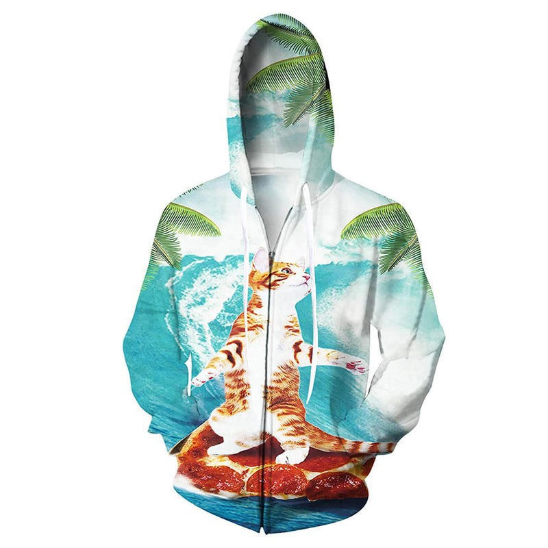 Cat Surfing on Pizza Zip Funny Hoodie