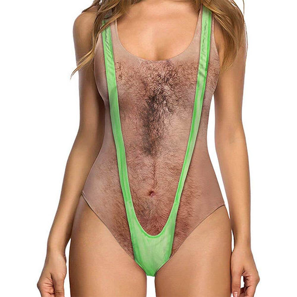 Hairy Chest Ugly One Piece Bathing Suit With Green Strap