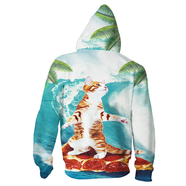 Cat Surfing on Pizza Zip Funny Hoodie