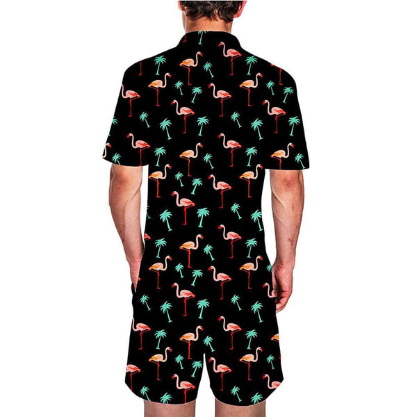 Palm Tree Flamingos Black Male Romper