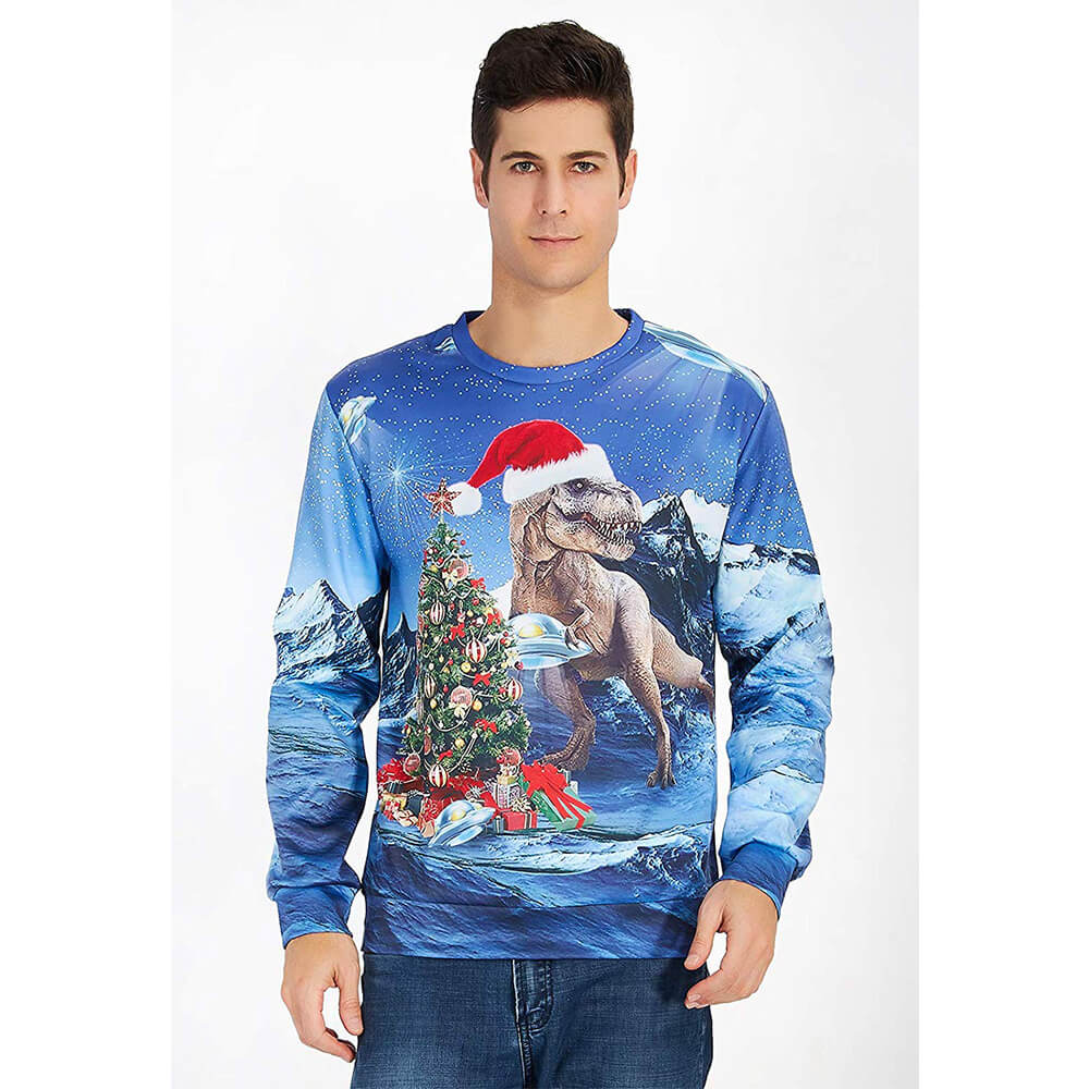 Blauer hässlicher Weihnachtspullover mit Dinosaurier