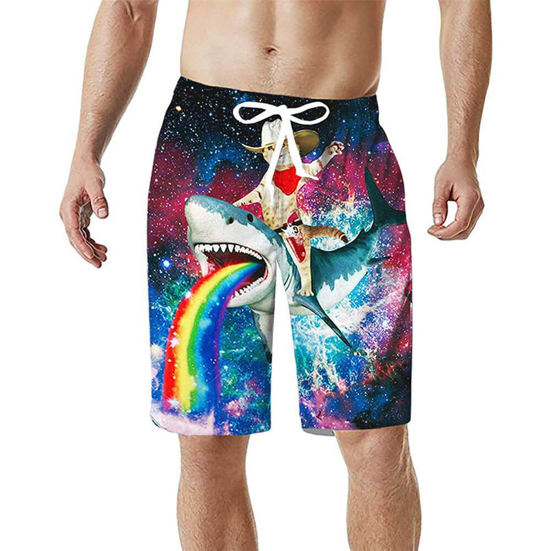 Cowboy Cat Riding Shark Funny Swim Trunks