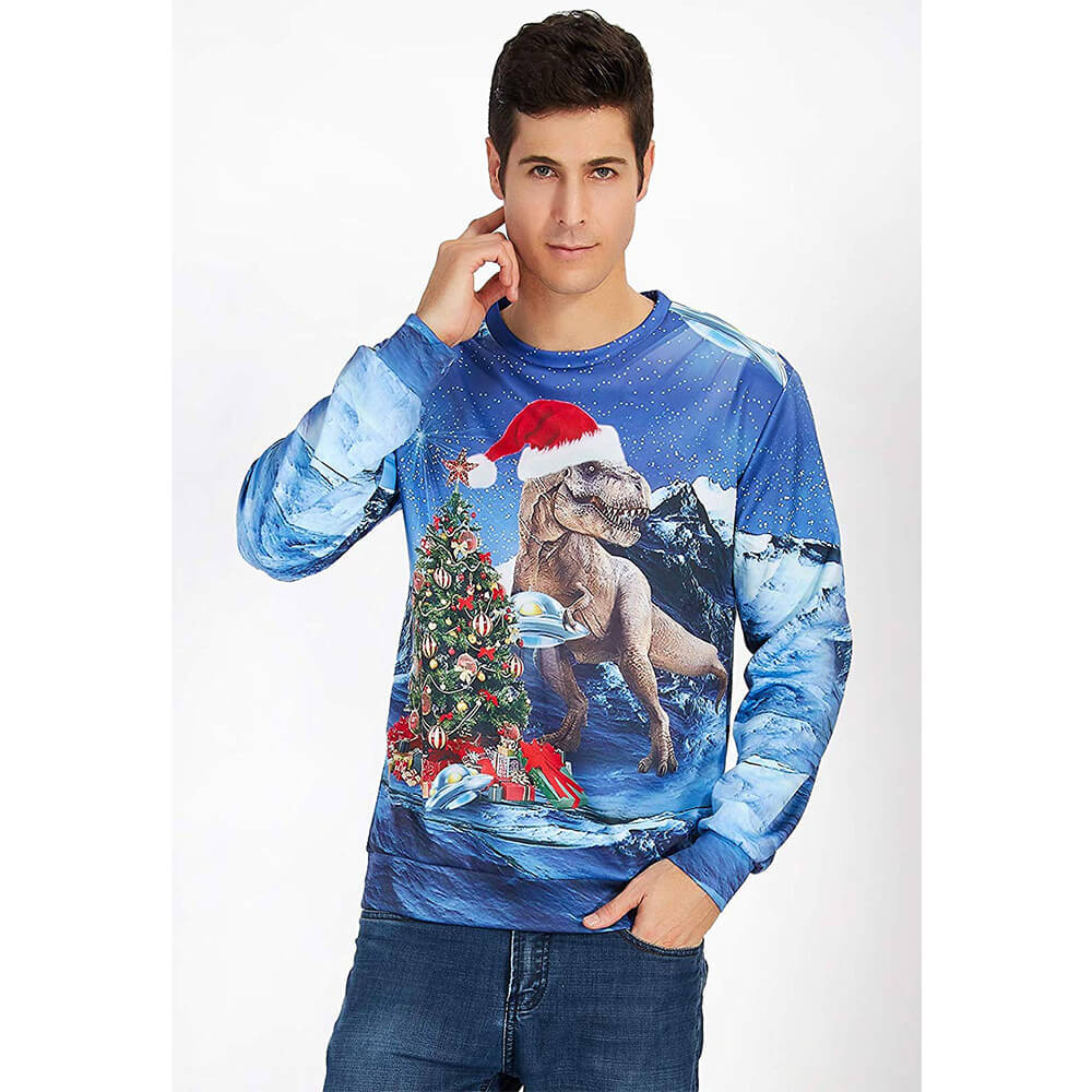 Blauer hässlicher Weihnachtspullover mit Dinosaurier